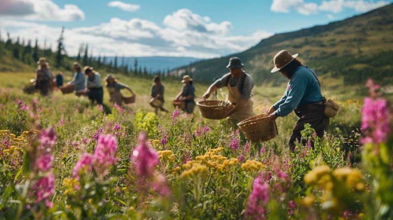 Local farmers and foragers collecting wild botanicals in a lush Yukon meadow with baskets of fireweed and scenic rolling hills